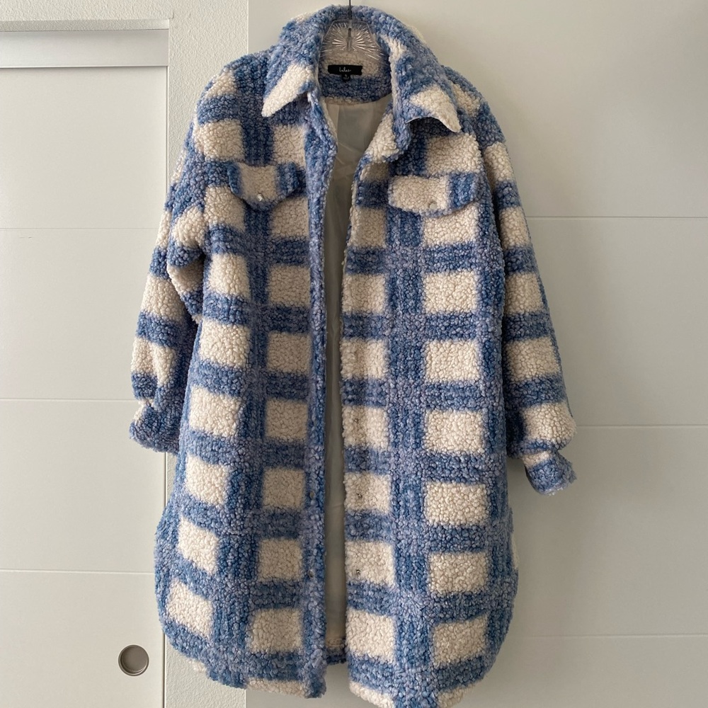 Blue Cream Plaid faux Shearling Jacket new S